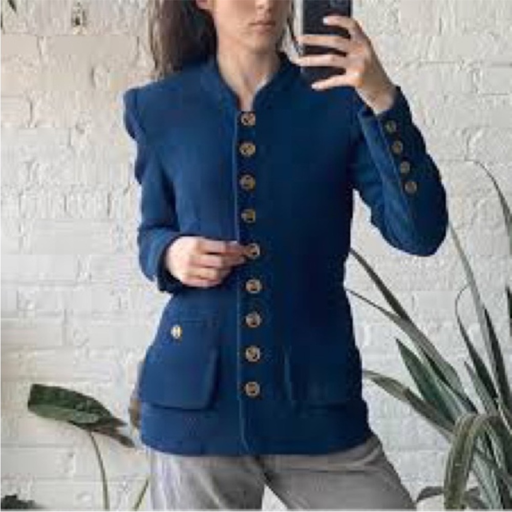St. John Basics LS Gold Button Down Long Black Jacket Military